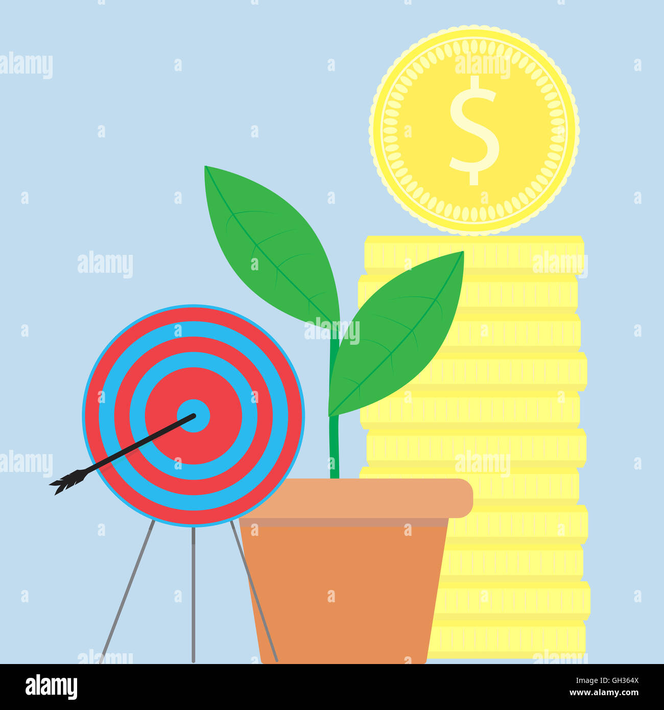 Successful startup illustration flat. Startup business metaphor, vector stock gold coins Stock Photo