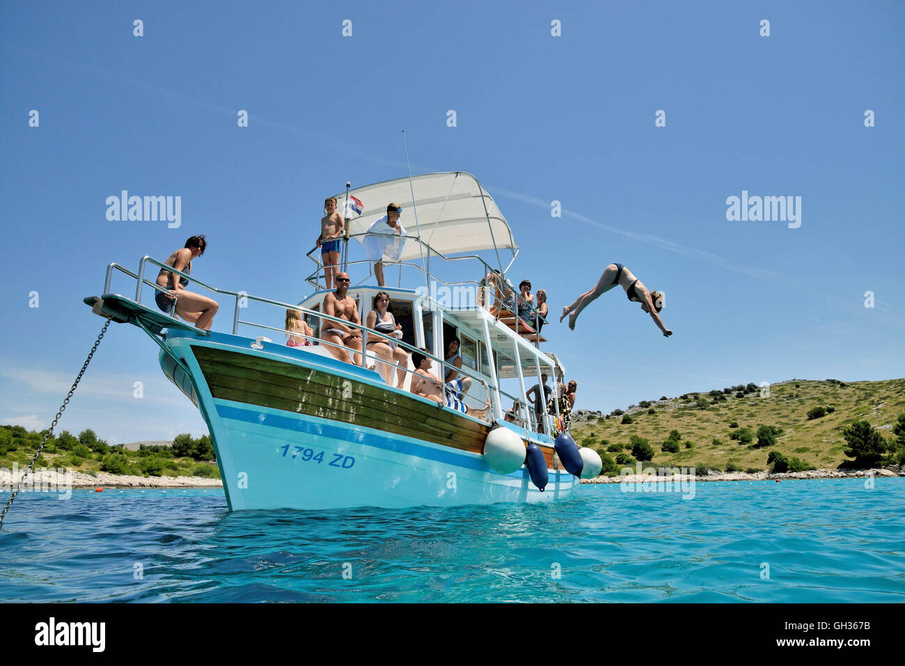 geography / travel, Croatia, tourist springing of excursion boat, Kornat isle, Kornati islands or Kornati, national park Kornati, Adriatic Sea, Additional-Rights-Clearance-Info-Not-Available Stock Photo