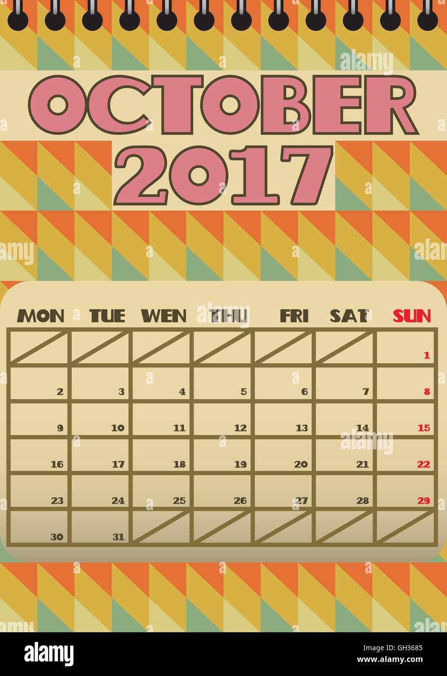 October 2017 Retro Calendar, starts with Monday.  Vector file contains isolated spiral binding layer geometric shapes Stock Vector