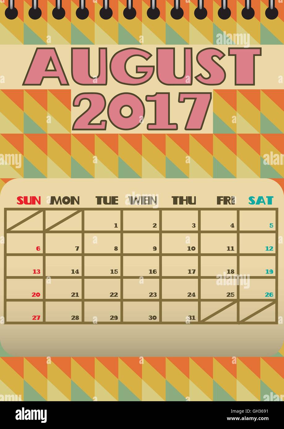 August 2017 Retro Calendar, starts with Sunday. Vector file contains isolated spiral binding layer geometric shapes Stock Vector