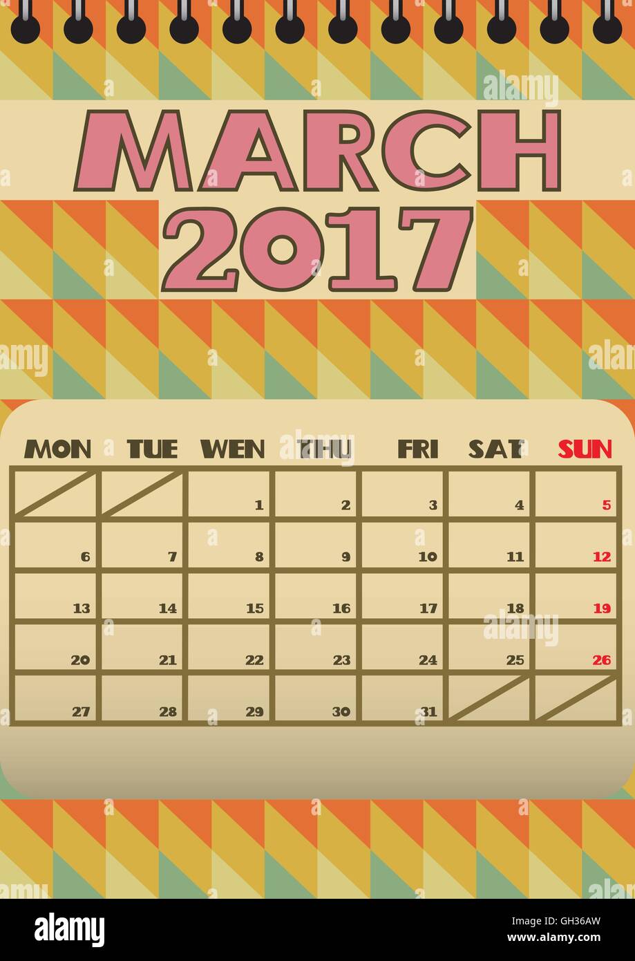 March 2017 Retro Calendar, starts with Monday. Vector file contains ...