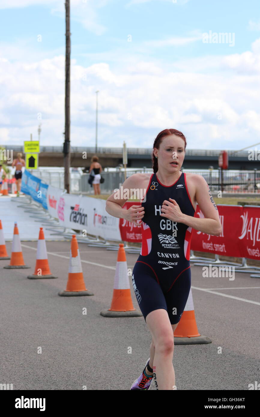 Lucy Hall, Team GB elite triathlete, running during the 2016 AJ Bell ...