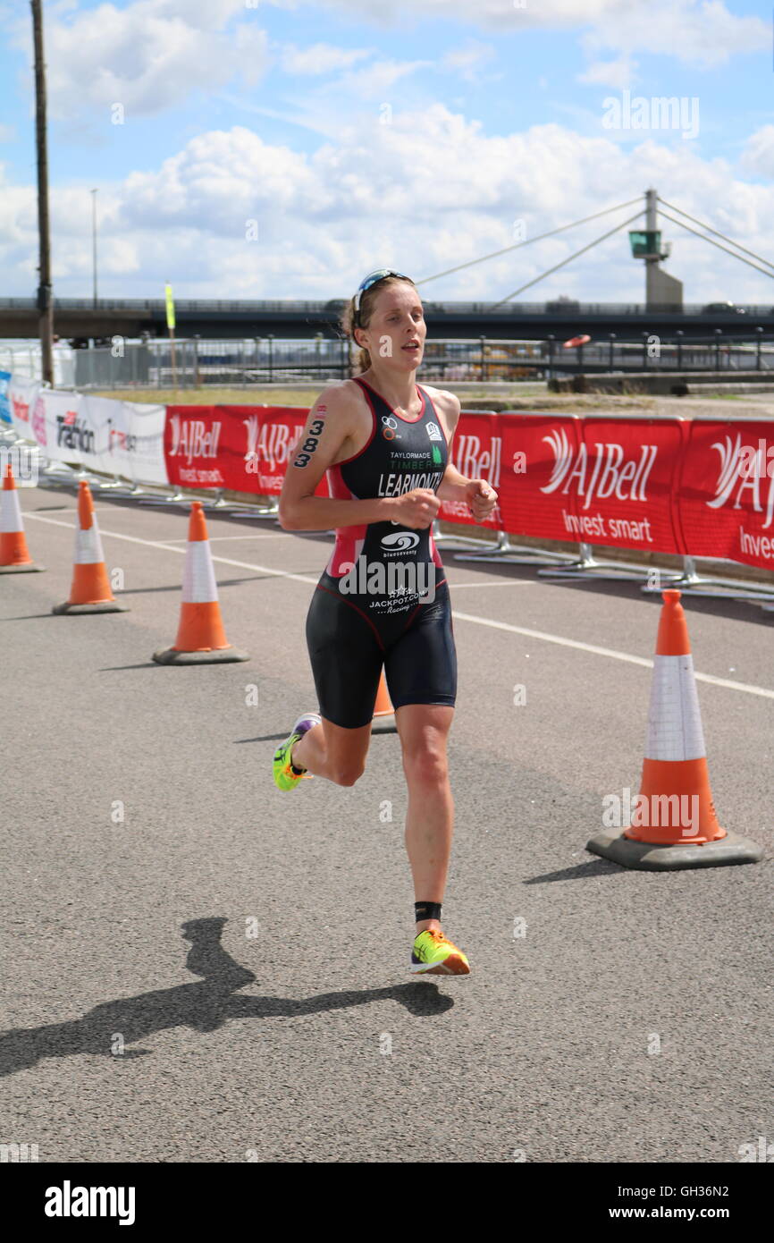 Jess Learmonth, Team GB elite triathlete, on her way to second in the 2016 AJ Bell London Triathlon in Docklands. Stock Photo