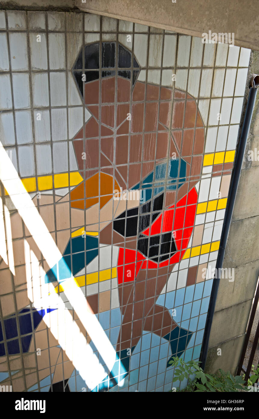 A boxing mural made of tiles under a walkway near Wembley Stadium Stock Photo