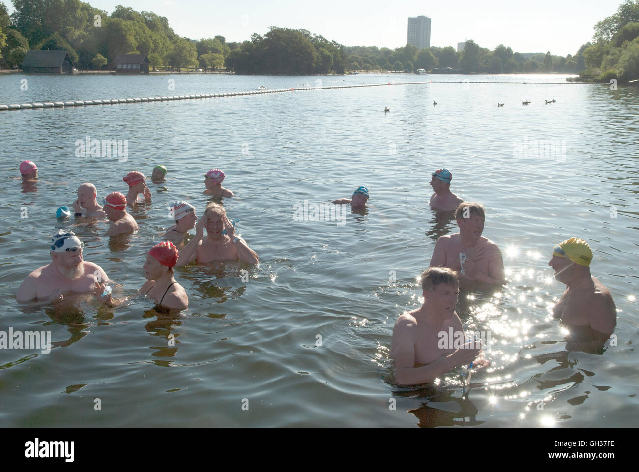 Serpentine Lido, Hyde Park Lake London. People swimming early morning summer sunshine Hilton Hotel in distance. Uk 2016 2010s  HOMER SYKES Stock Photo