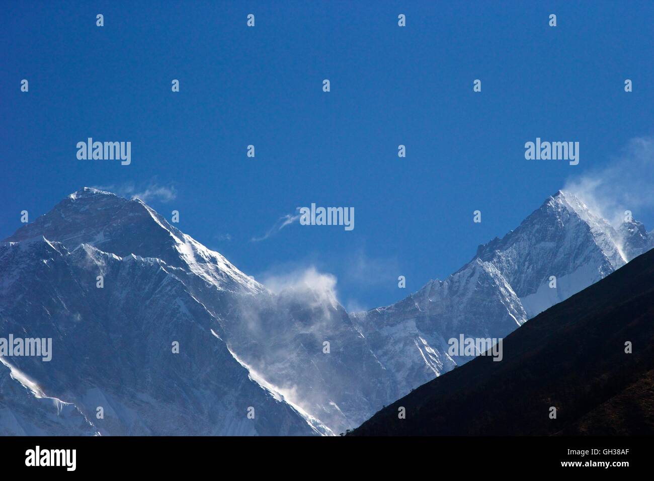 View to Mt Everest and Lhotse from the trail near Namche Bazar, Nepal, Asia Stock Photo