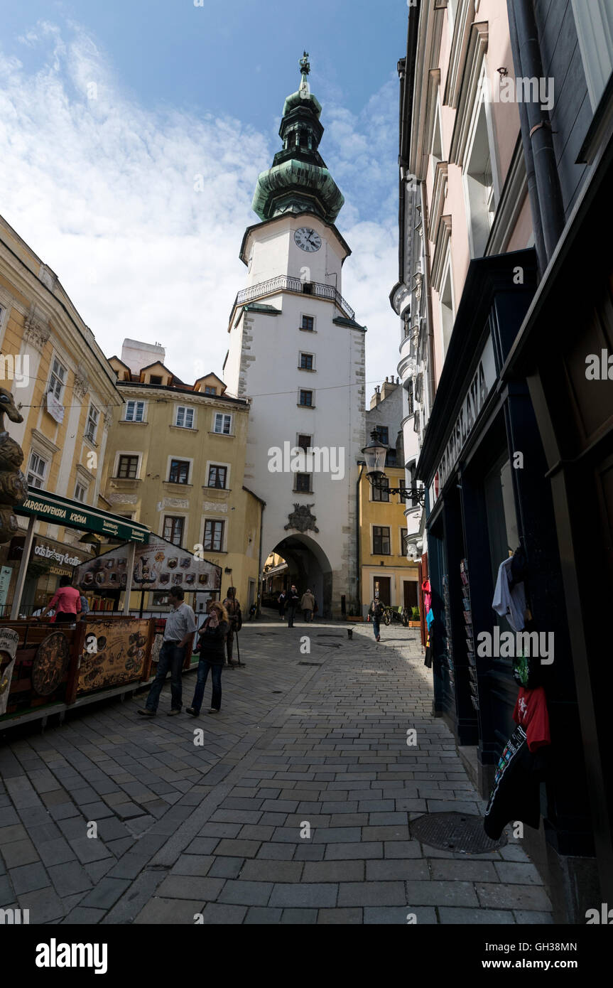 Michalska ulica  ( Michalska Street )  lined with open-air restaurants and Saint Michael's Gate  in Bratislava old town, Bratisl Stock Photo
