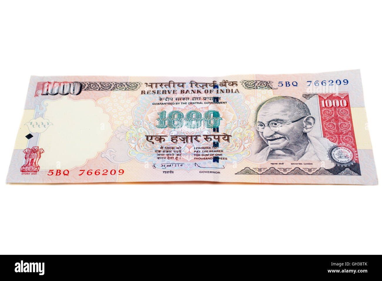 A one thousand rupee note (Indian Currency) isolated on a white background. Stock Photo