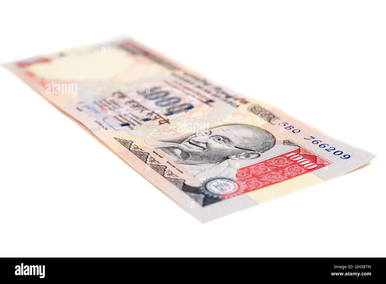 A one thousand rupee note (Indian Currency) isolated on a white background. Stock Photo