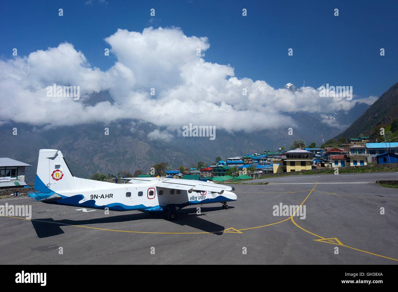 Sita Air Dornier 228 Aircraft approaching runway, Tenzing-Hillary Airport, Lukla, Nepal, Asia Stock Photo