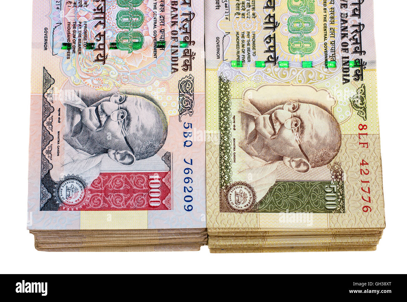 Stacks of thousand and five-hundred Indian rupee notes Stock Photo
