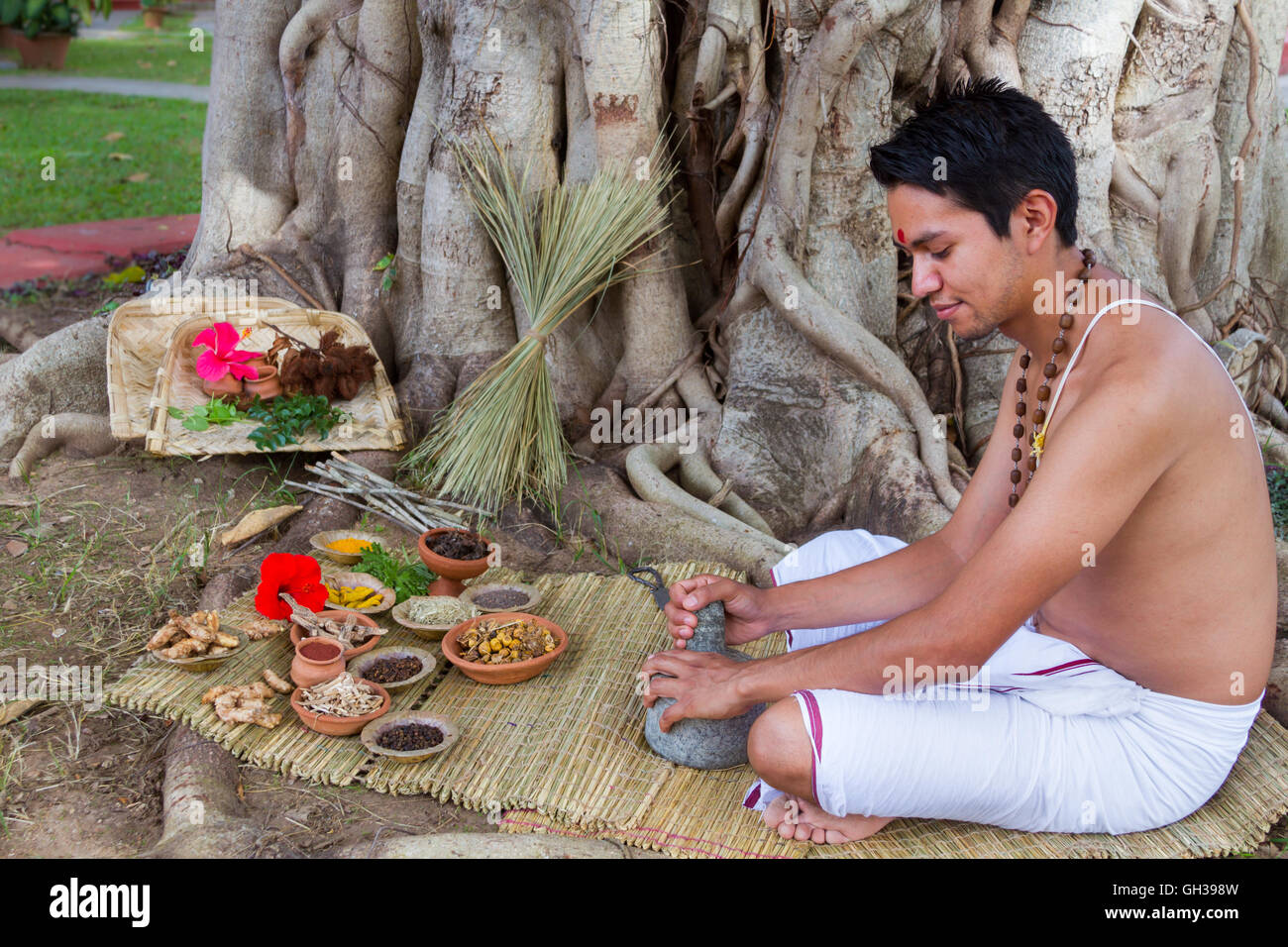 A young Indian doctor preparing traditional ayurvedic, herbal, medicine