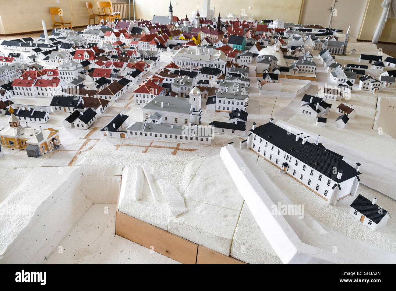 Narva, Estonia - April 30, 2016: Old Narva town layout made of paper illustrates historical cityscape before the Second World Wa Stock Photo