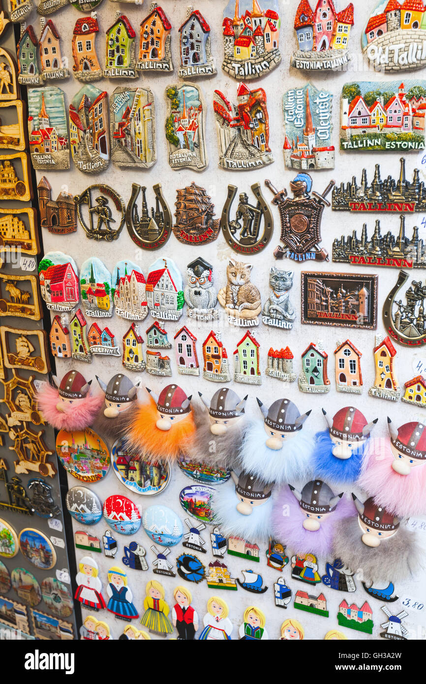 Tallinn, Estonia - May 1, 2016: Colorful magnets in old Tallinn souvenir shop Stock Photo