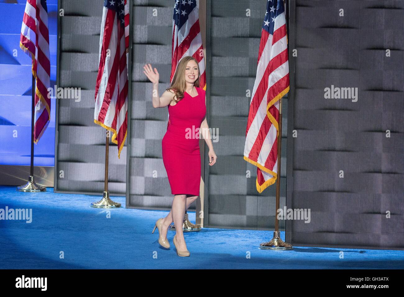 Chelsea Clinton during the introduction of her mother Hillary Rodham Clinton as the Democratic Presidential nominee during the final day of the Democratic National Convention at the Wells Fargo Center July 28, 2016 in Philadelphia, Pennsylvania. Stock Photo