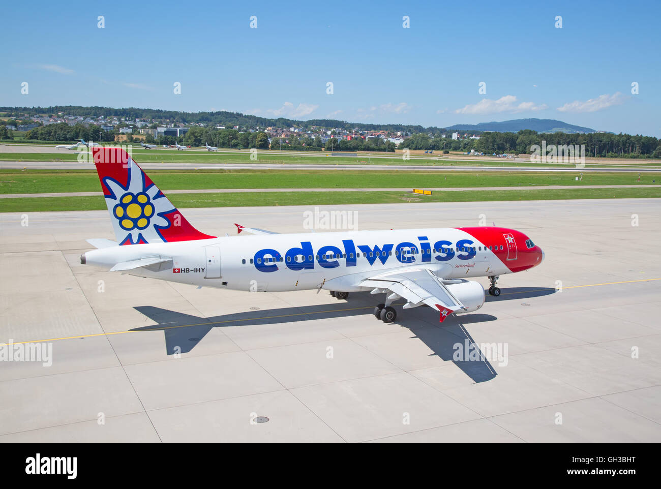 ZURICH - July 30:  Planes preparing for take off at Terminal A of Zurich Airport on July 30, 2016 in Zurich, Switzerland. Zurich Stock Photo