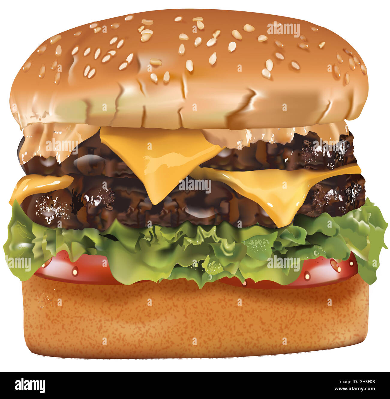 Typical fast food restaurant chain double cheeseburger with tomato slices, lettuce and sauce Stock Photo