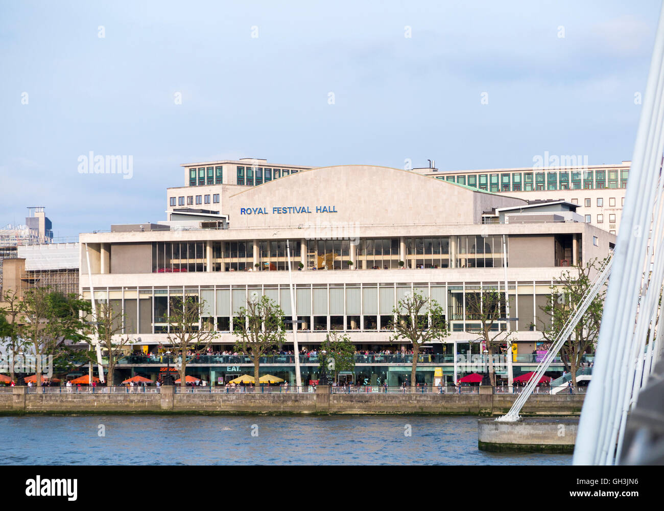 Royal Festival Hall, Southbank Centre, on the South Bank of the River Thames, London, UK on a sunny day with blue sky Stock Photo