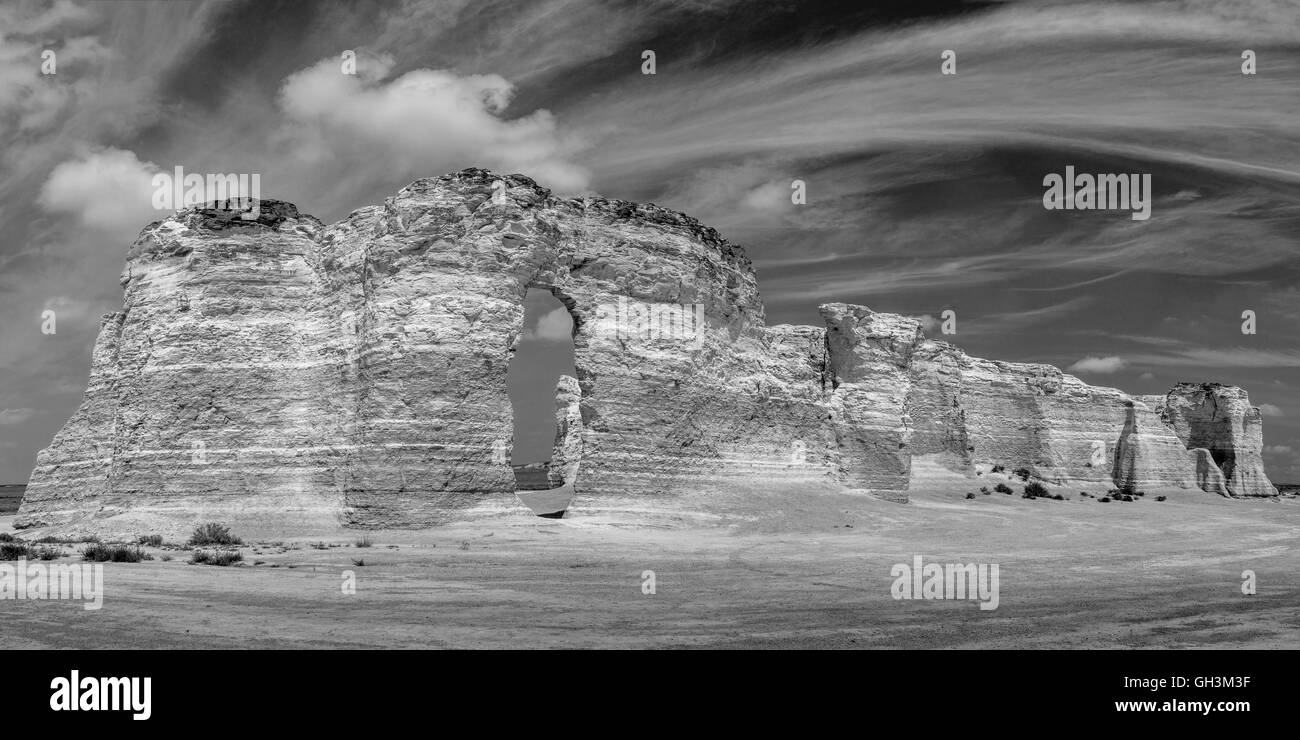 black and white panorama of chalk formations at Monument Rocks National