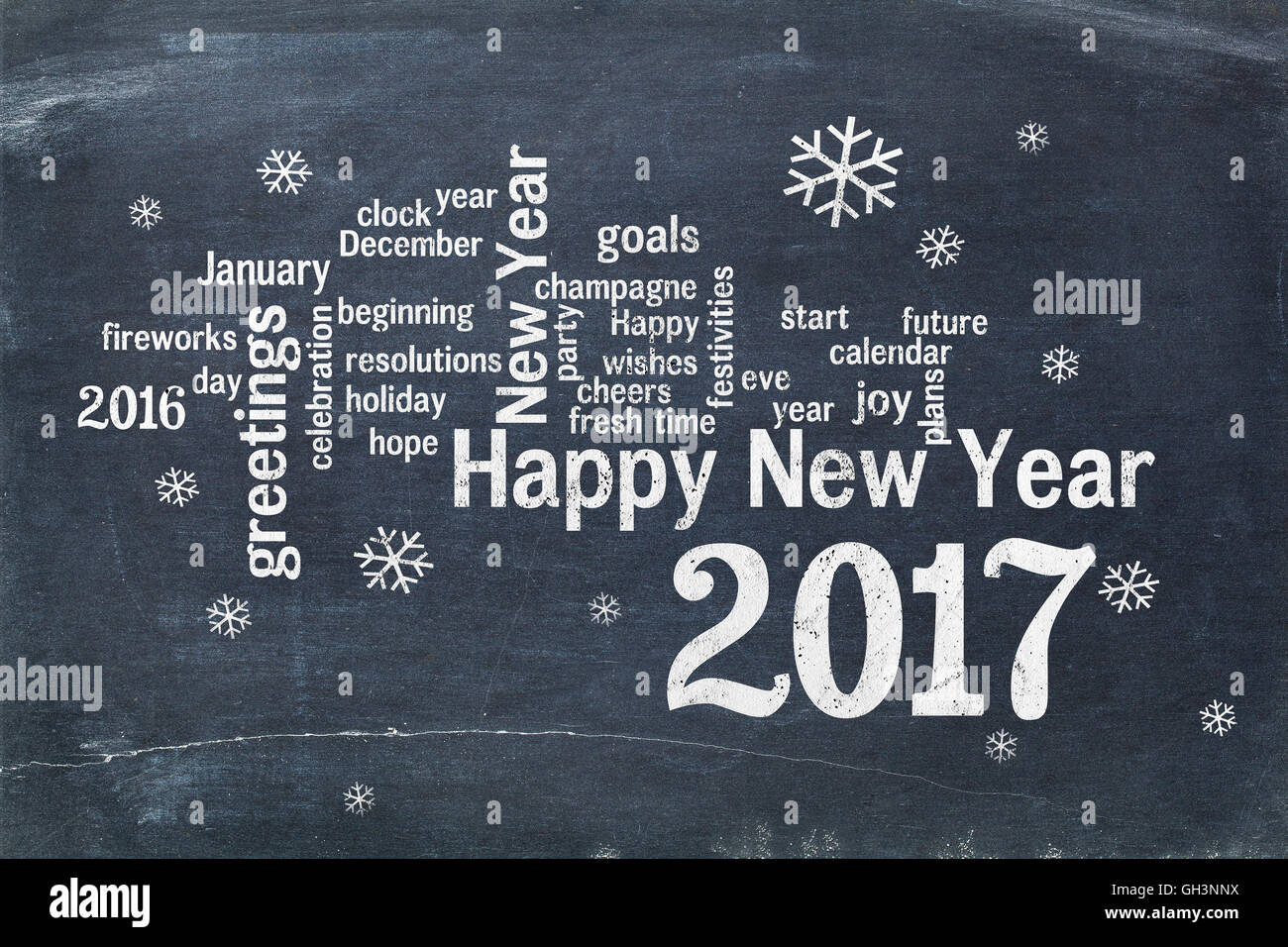 Happy New Year 2017 word cloud - white chalk text on a blackboard, a ...