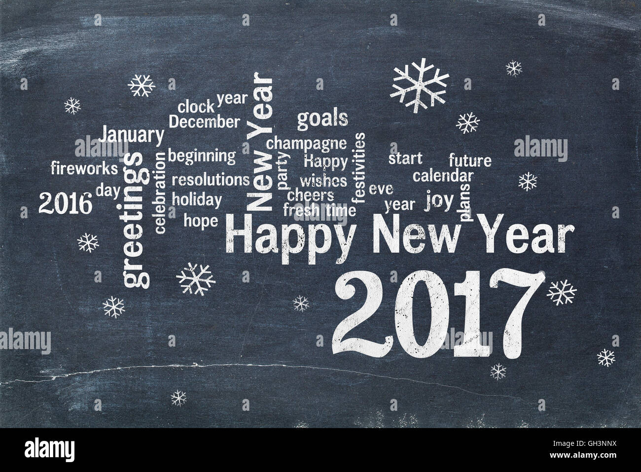 Happy New Year 2017 word cloud - white chalk text  on a blackboard, a greeting card Stock Photo
