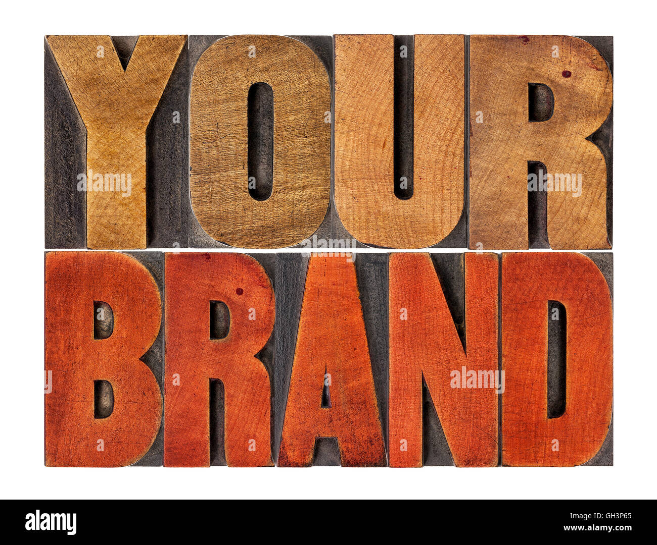 your brand word abstract- motivational concept in vintage letterpress wood type block Stock Photo