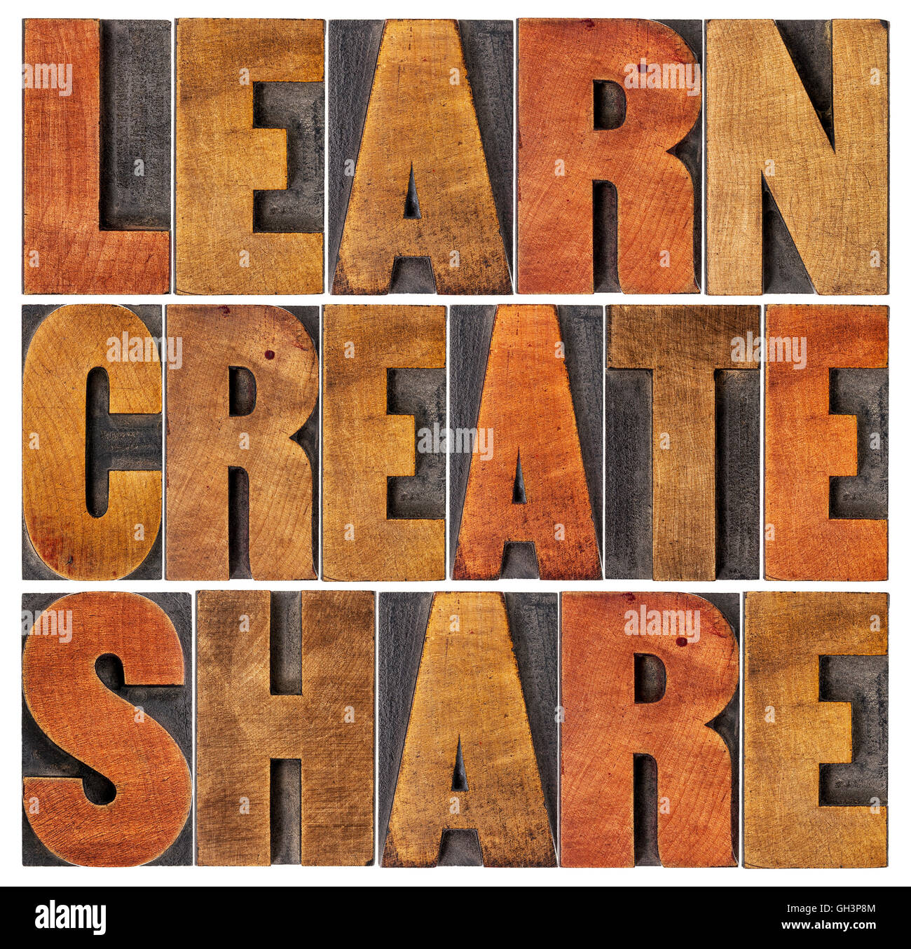 learn, create and share motivational word abstract in vintage letterpress wood type blocks Stock Photo