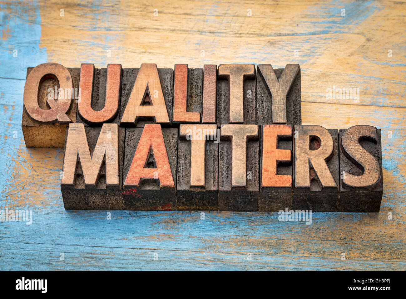 quality matters word abstract - text in vintage letterpress wood type printing blocks Stock Photo