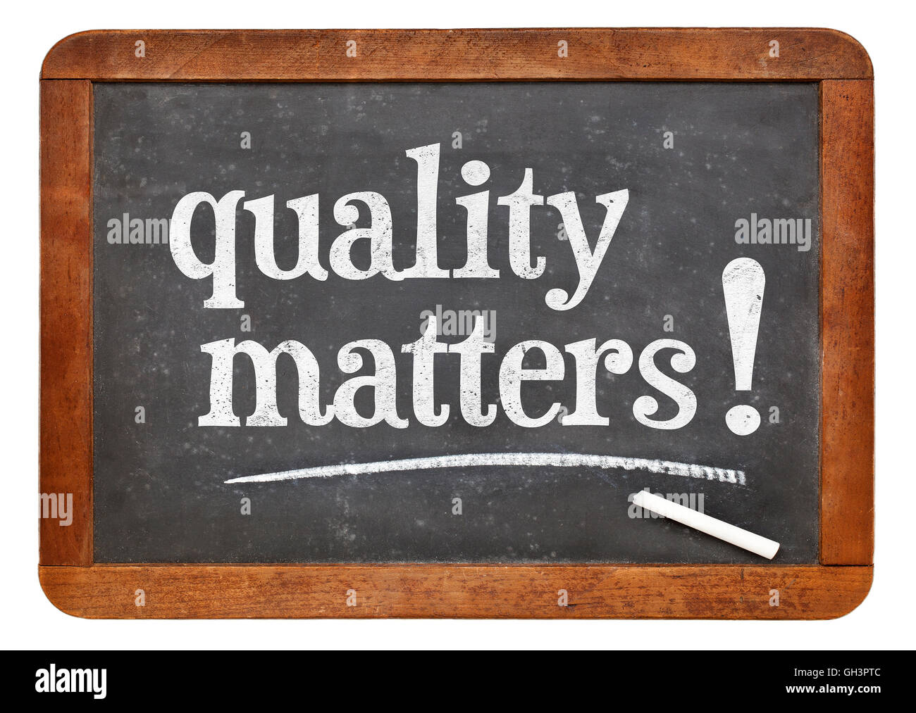 quality matters - white chalk text on a vintage slate blackboard Stock Photo