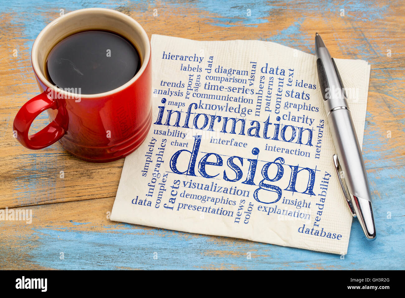 information design word cloud - handwriting on a napkin with a cup of coffee Stock Photo