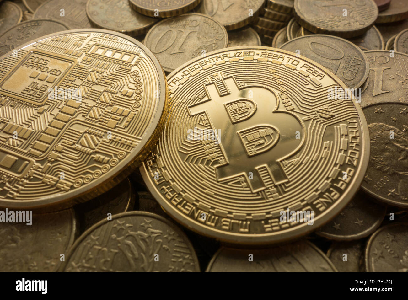 Photo Golden Bitcoins, new virtual money Stock Photo