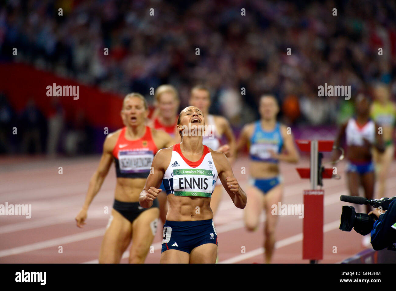 Jessica Ennis of Great Britain after winning the gold medal in the Heptathlon during the London Olympics. Stock Photo