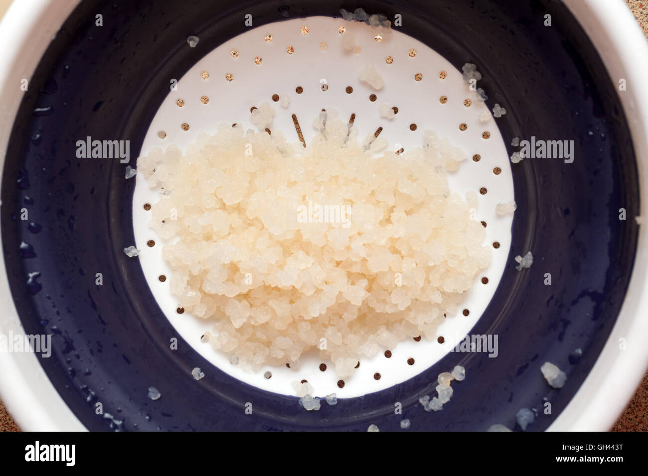 Water kefir grains in strainer Stock Photo