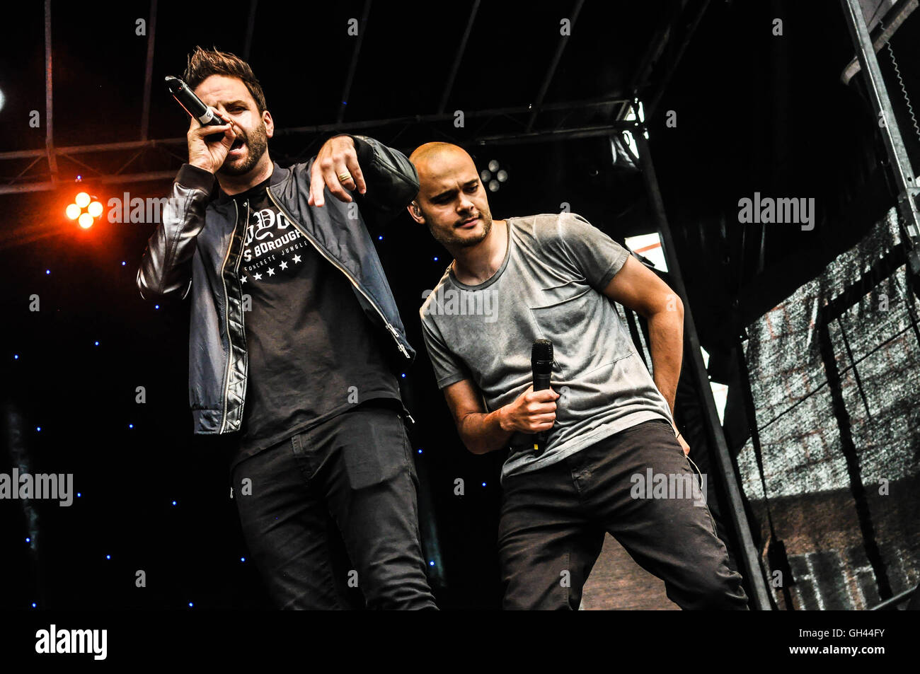 Sean Conlon and Scott Richardson of pop band 5ive perform at Custom House Square, as part of Belfast Pride 2016 Stock Photo