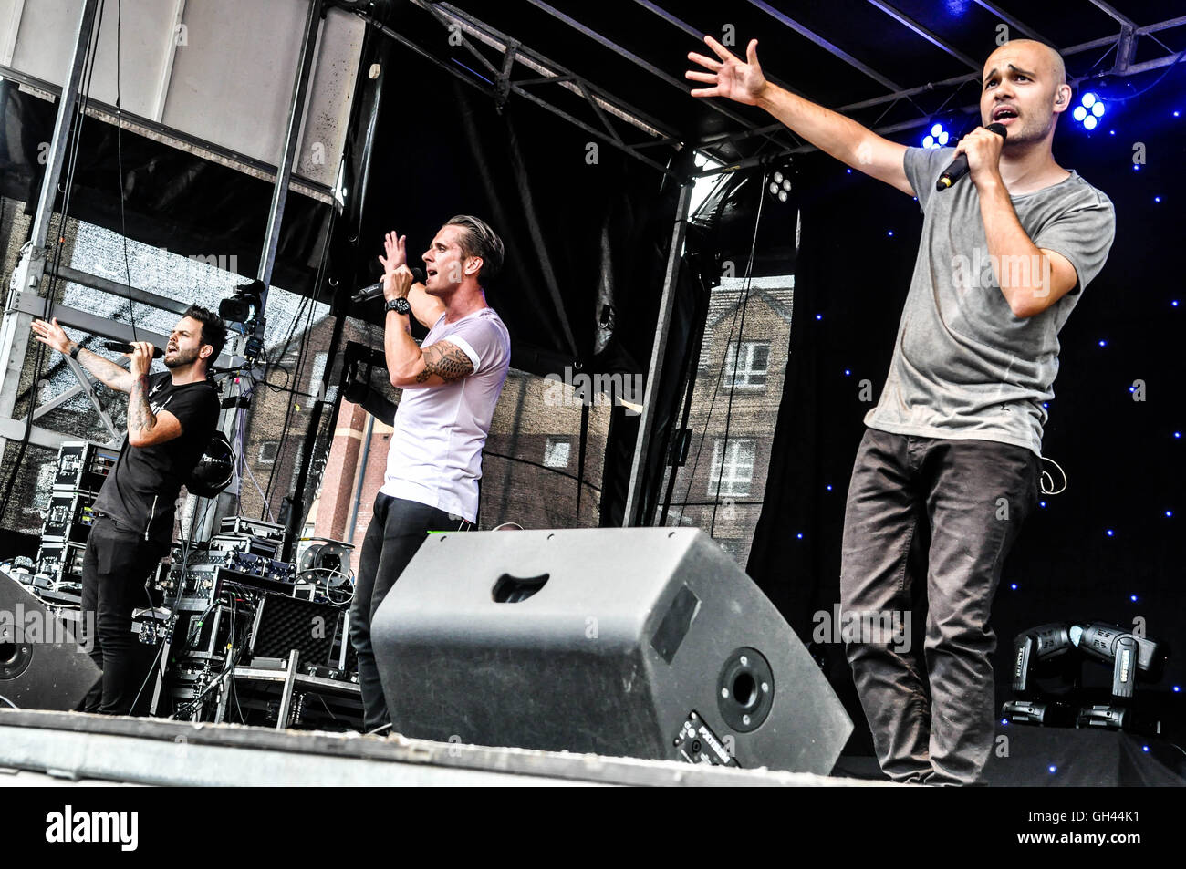Sean Conlon, Scott Richardson and Ritchie Neville of pop band 5ive perform at Custom House Square, as part of Belfast Pride 2016 Stock Photo