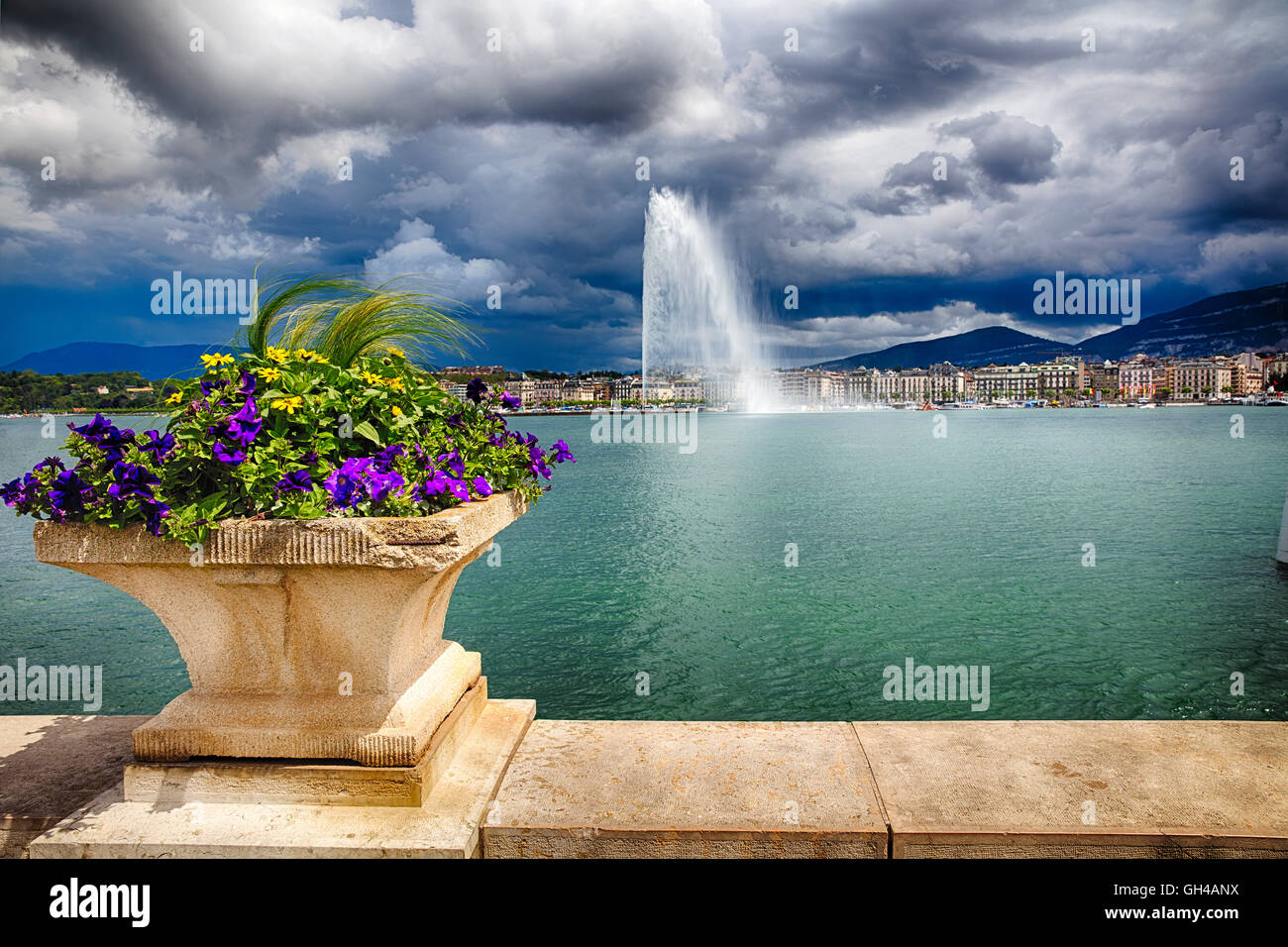 View of the Jet d'Eau Water Jet Fountain in Lake Geneva, Geneva, Switzerland Stock Photo Alamy