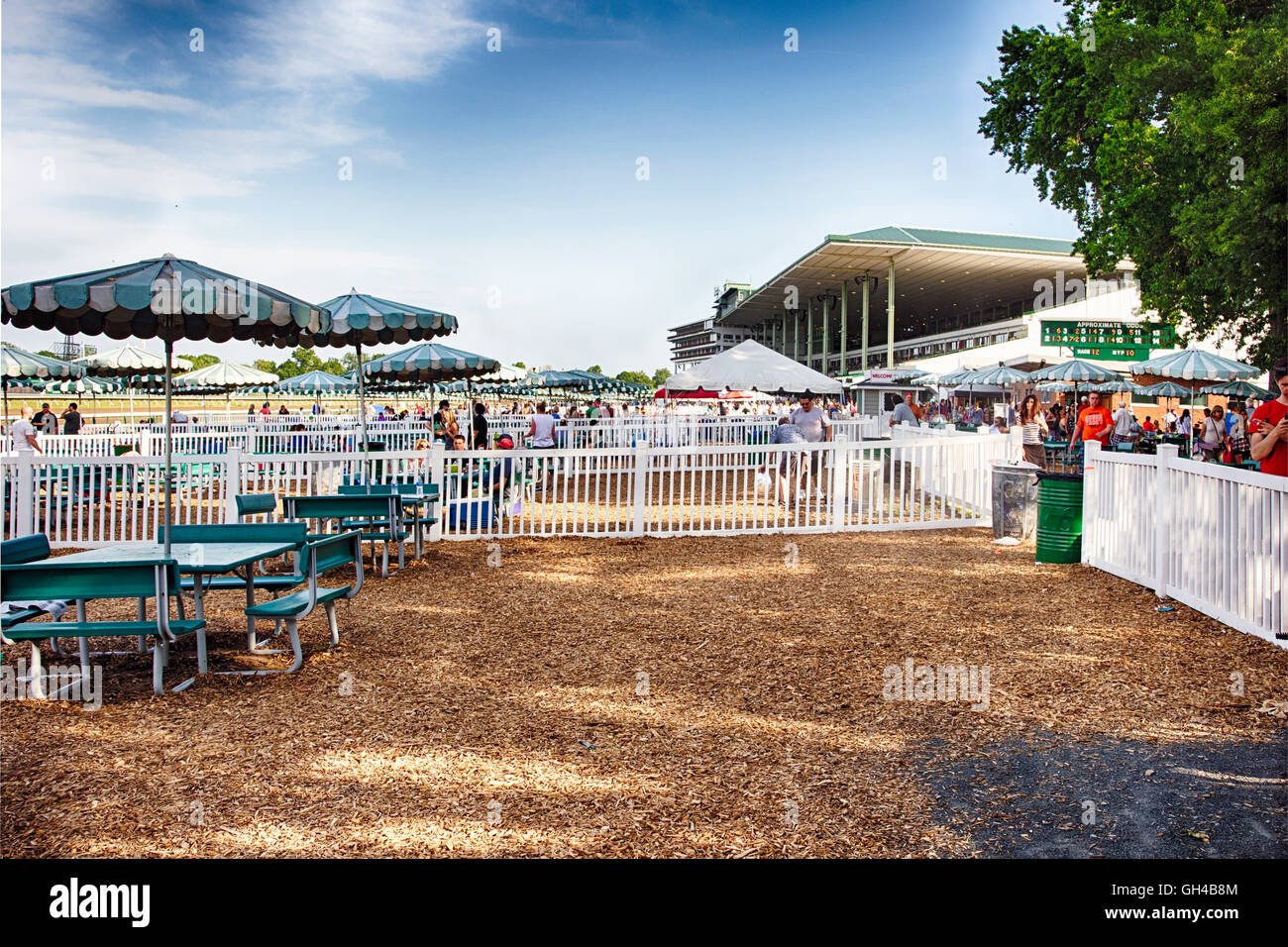 Outdoor Private Boxes with Benches at the Racetrack, Monmouth Park Racetrack Oceanport, New Jersey Stock Photo