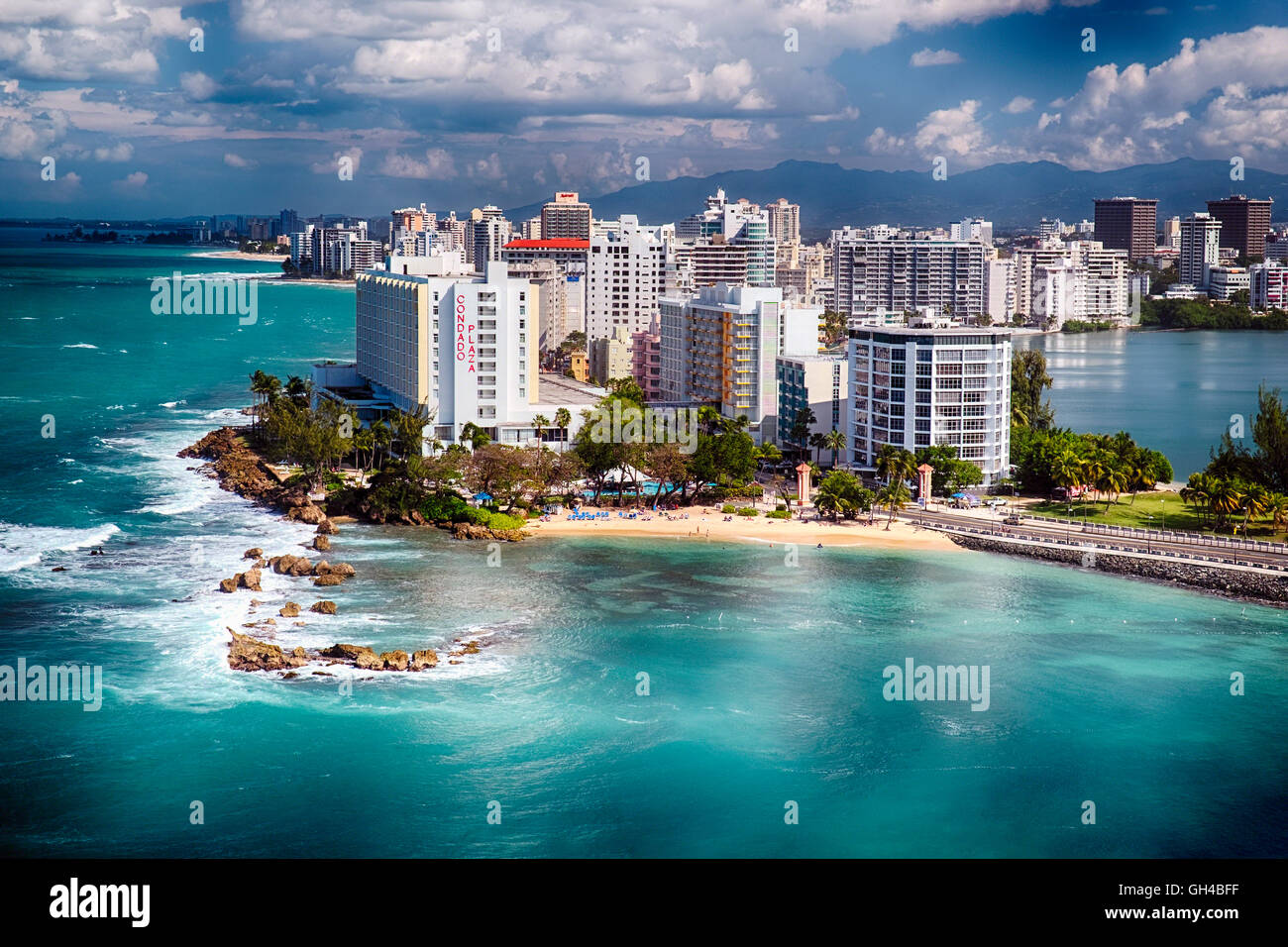 High Angle View of a Shoreline with Hotels and a Beach, Condado, San Juan, Puerto Rico Stock Photo