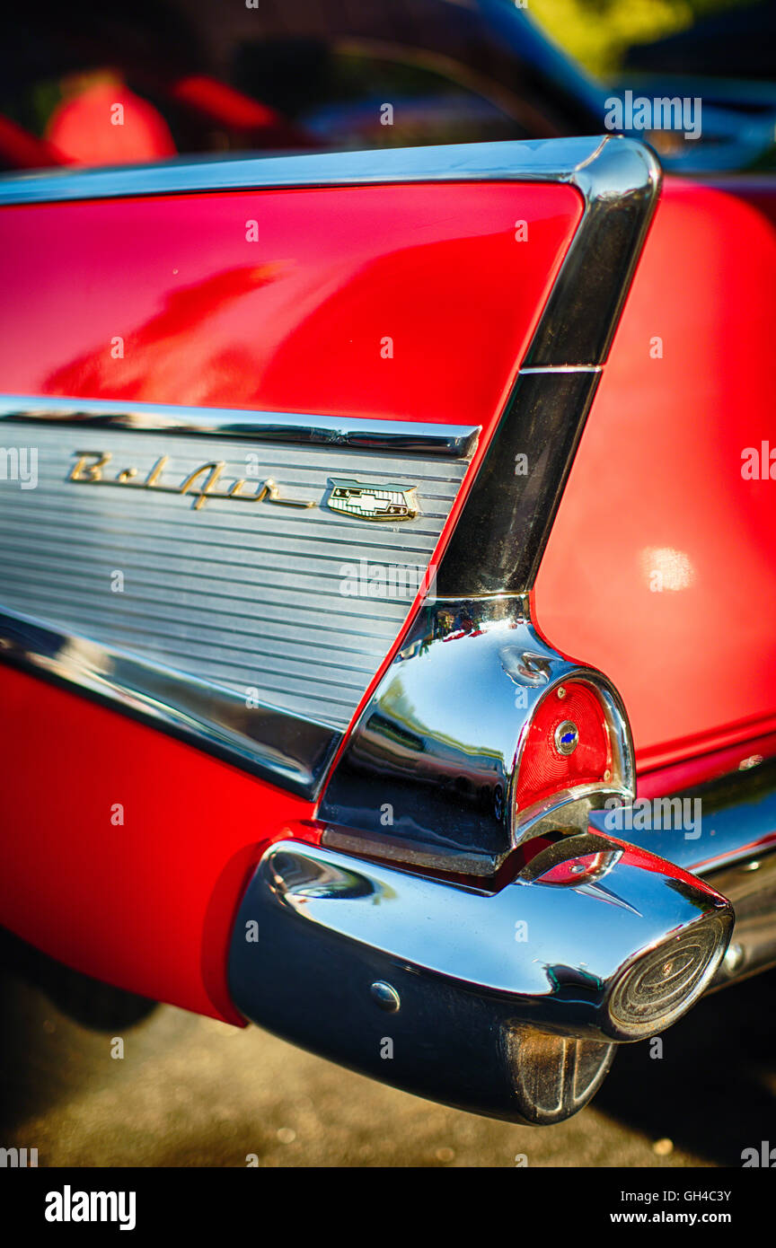 Close Up View of a Tail Fin Back of a Chevrolet Bel Air Classic American Automobile, New Jersey USA Stock Photo