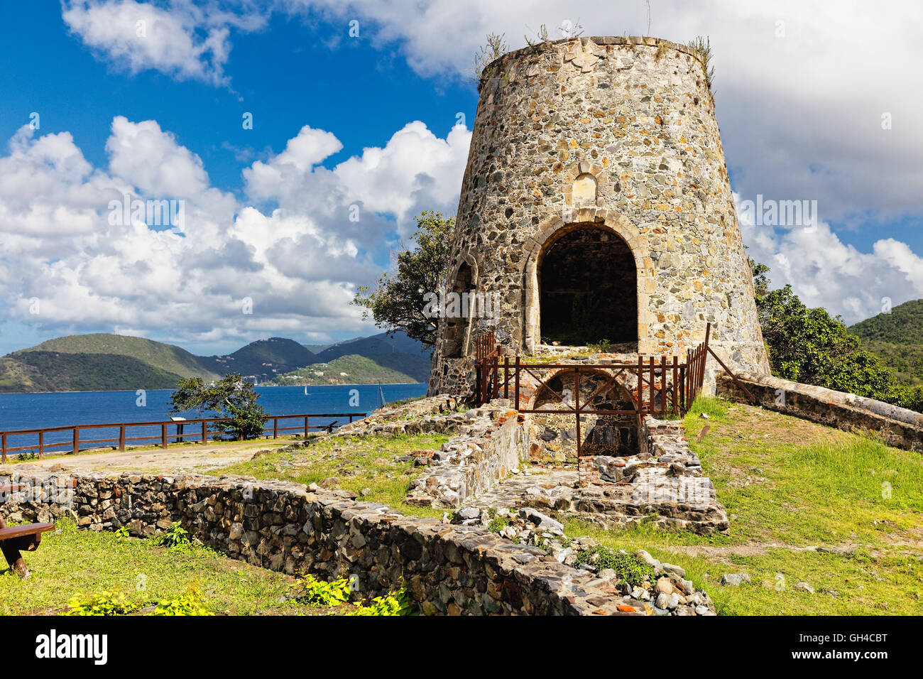 Low Angle View of Windmill Tower Ruins, Annaberg Plantation Historic Site, St John, US Virgin Islands Stock Photo