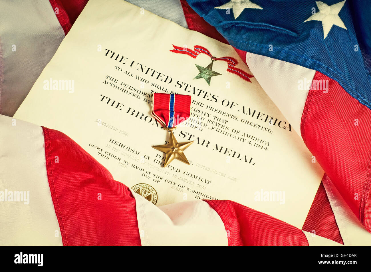 Bronze star, an American Army award for heroism in ground combat. Retro instagram look Stock