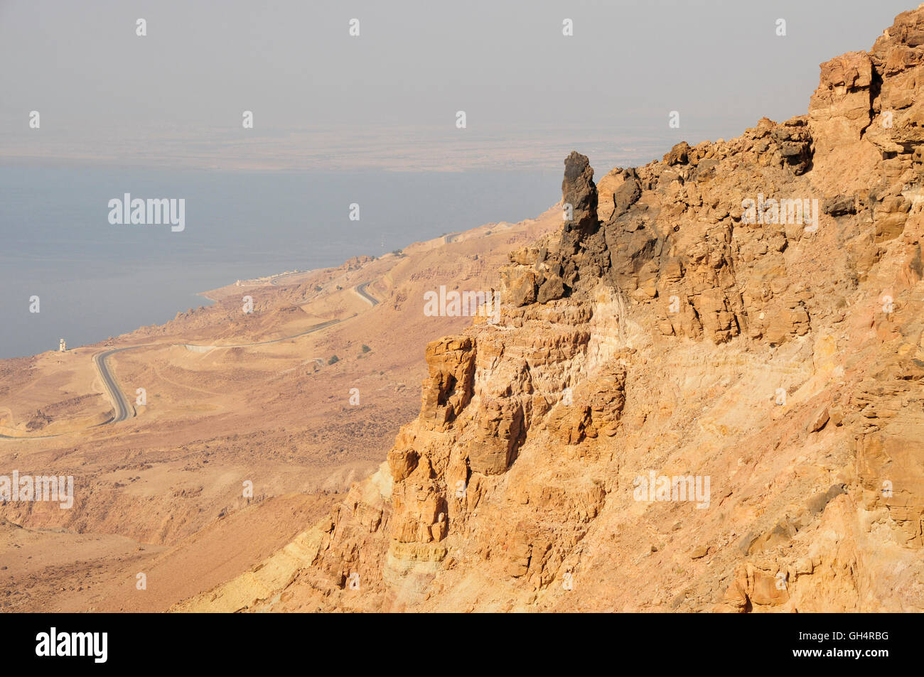 / travel, Jordan, view from top of the steep coast across the dead sea, at Hamamat Ma'in, Middle East, Additional-Rights-Clearance-Info-Not-Available Stock Photo -
