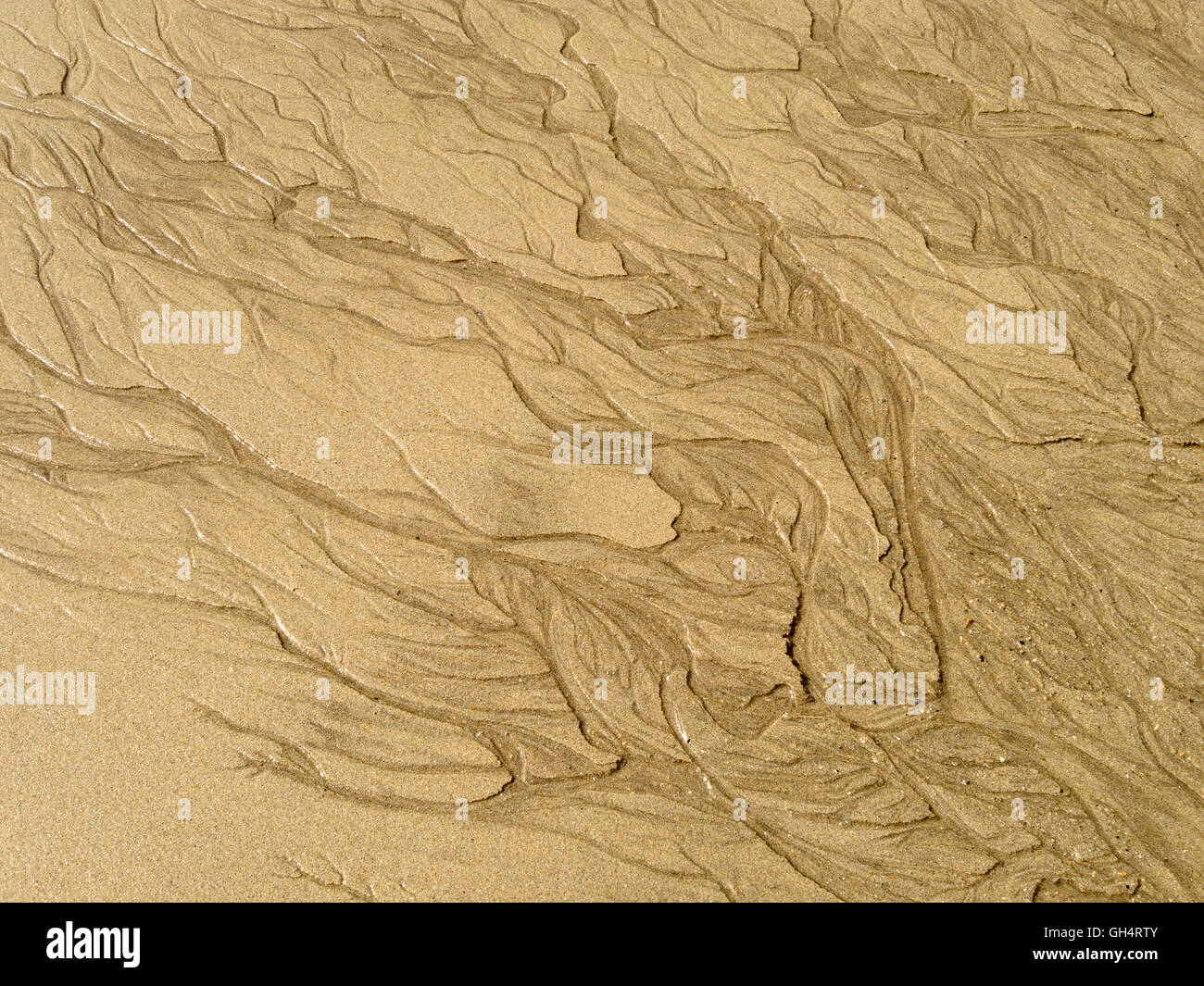 Patterns in yellow beach sand caused by flowing water Stock Photo
