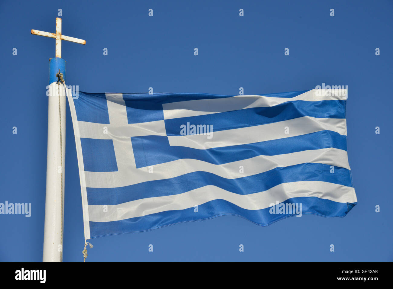 geography / travel, Greece, flag Greek, flag, Santorini, Cyclades, Greek islands, Additional-Rights-Clearance-Info-Not-Available Stock Photo