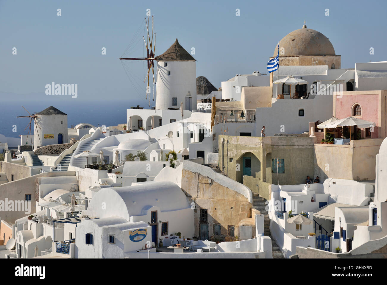 geography / travel, Greece, wind mill and historical facades of Oia, Santorini, Cyclades, Greek islands, Additional-Rights-Clearance-Info-Not-Available Stock Photo