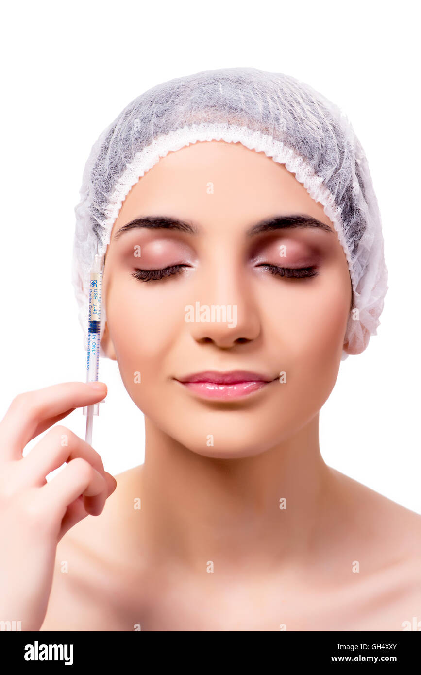 Young woman preparing for plastic surgery isolated on white Stock Photo