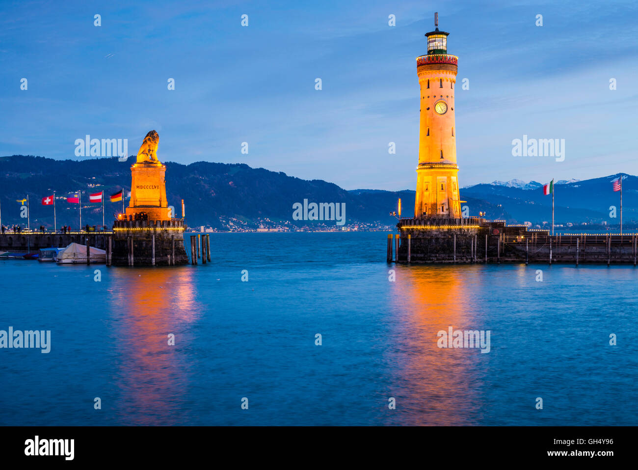 geography / travel, Germany, Bavaria, Lindau, harbour, harbour entry with lighthouse and Bavarian lion, Additional-Rights-Clearance-Info-Not-Available Stock Photo