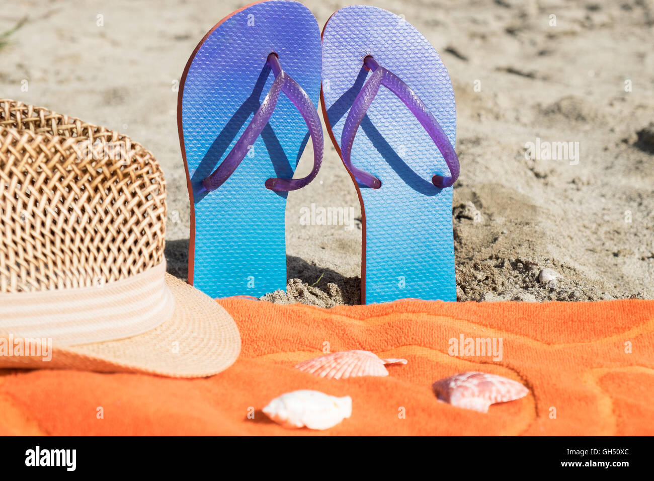 Collection of summer beach objects on the beach Stock Photo Alamy
