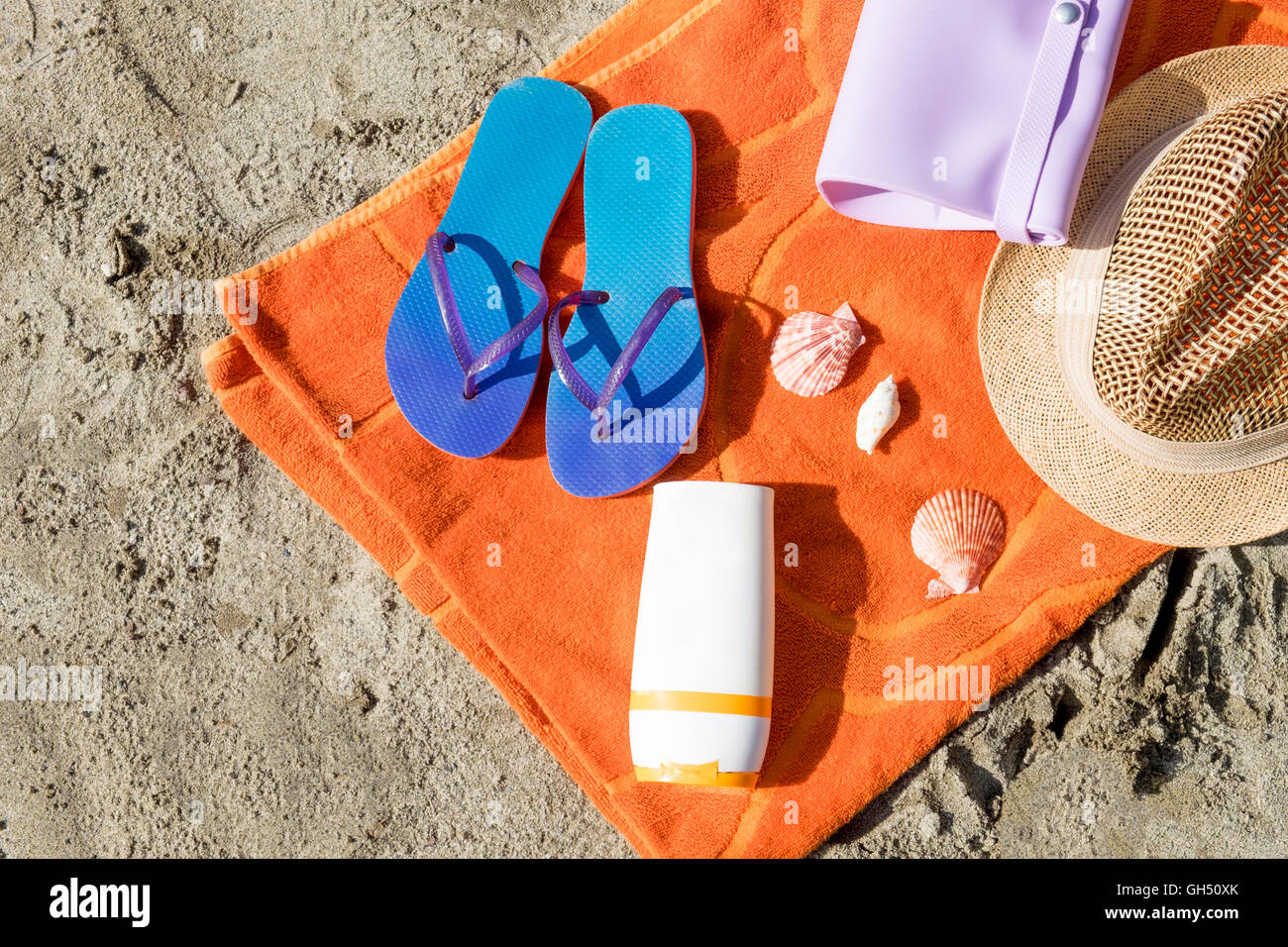 Collection of summer beach objects on the beach Stock Photo Alamy