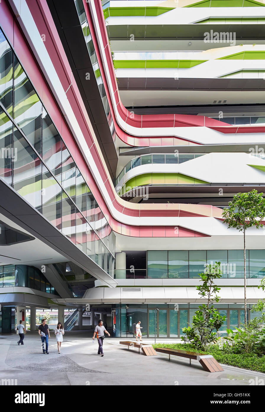 Glazing and purple and green cladding of exterior facade. Singapore University of Technology and Design, Singapore, Singapore. Architect: UNStudio, 2015. Stock Photo